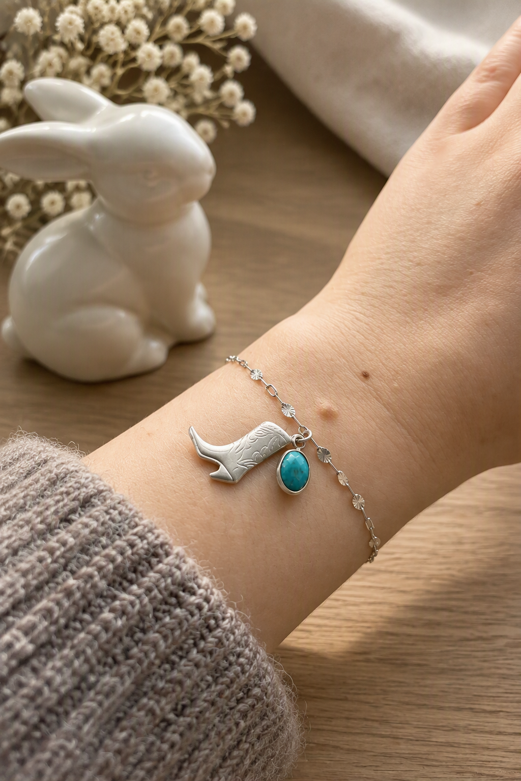 Sterling Silver Boot and Turquoise Bracelet