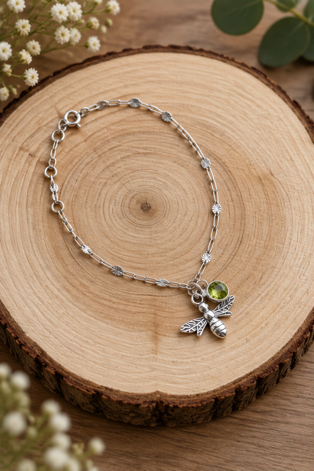 Sterling Silver Peridot Bumblebee Bracelet
