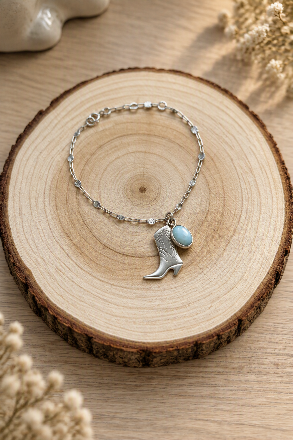 Sterling Silver Boot and Larimar Bracelet
