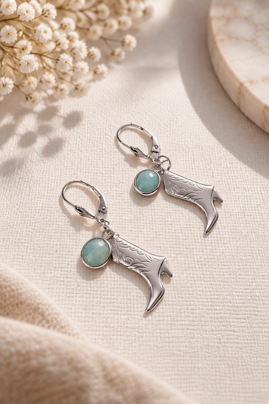 Sterling Silver Boot and Larimar Earrings